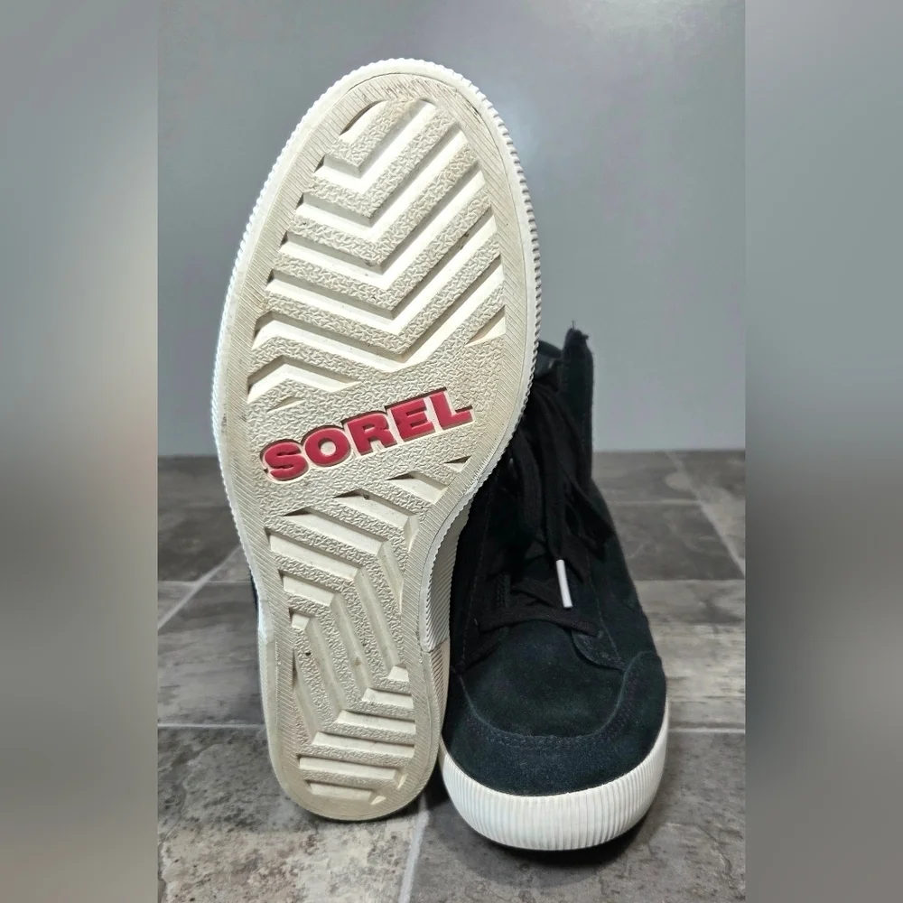 SOREL OUT 'N ABOUT SUEDE HIGH TOP WEDGE SNEAKERS.